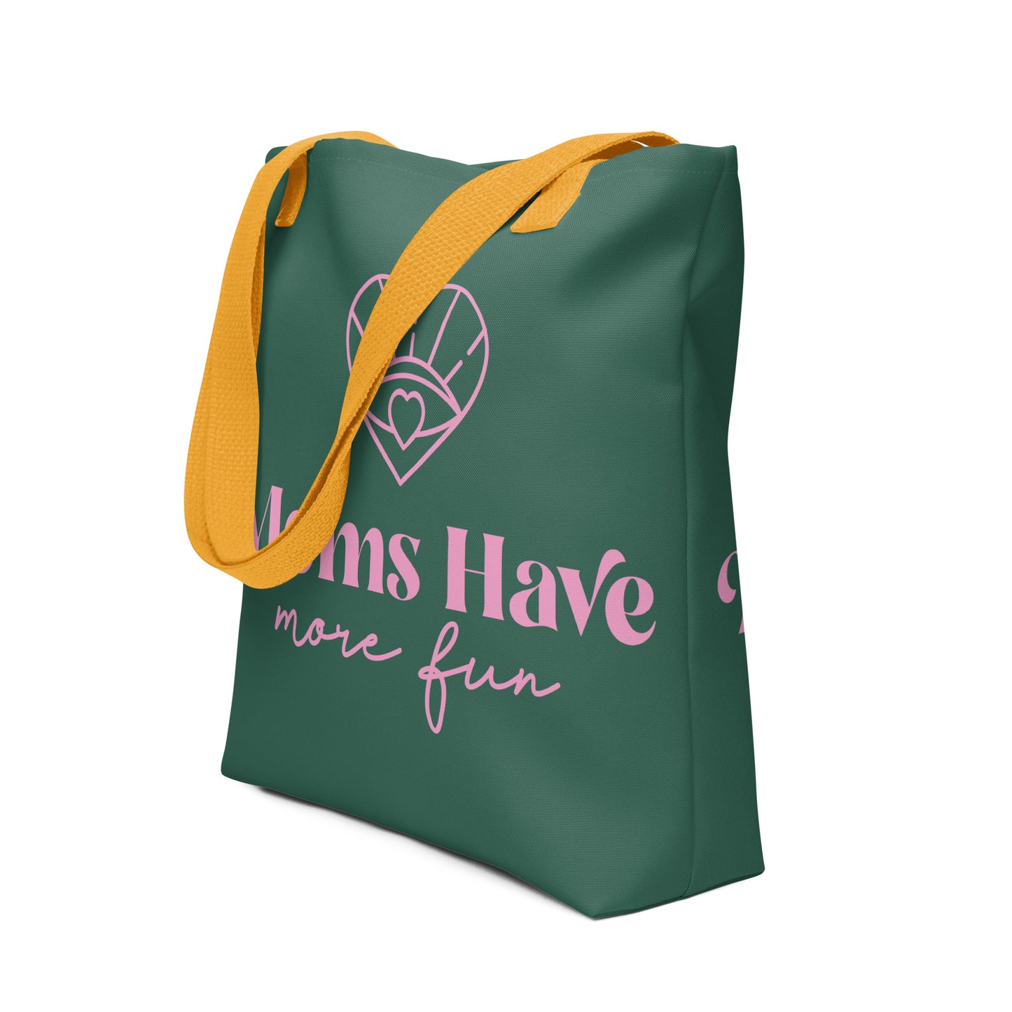 A stylish and functional tote in green and pink, adorned with the "Moms Have More Fun" design and a yellow handle, an essential accessory for fashion-forward moms.