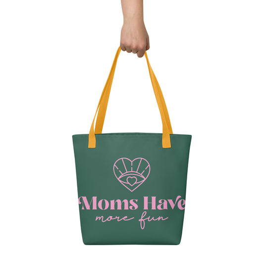 An image of the "Moms Have More Fun on the Run" tote in green and pink, featuring a spunky yellow handle, perfect for stylish moms on the go.