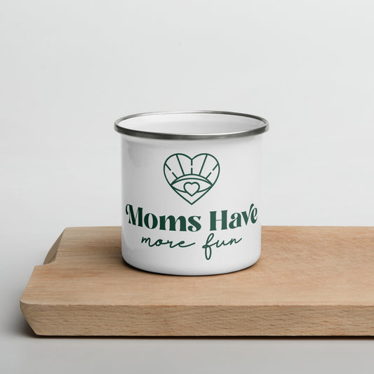 Stylish and charming Moms Have More Fun camping-style mug, perfect for savoring your favorite beverage and enjoying moments of motherhood bliss.